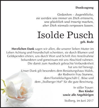 Traueranzeige von Isolde Pusch von Mitteldeutsche Zeitung Sangerhausen