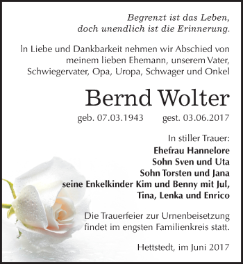 Traueranzeige von Bernd Wolter von Mitteldeutsche Zeitung Mansfelder Land
