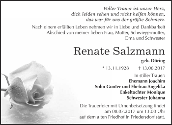 Traueranzeige von Renate Salzmann von WVG - Wochenspiegel Bitterfeld