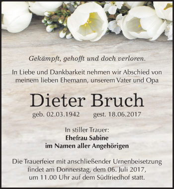 Traueranzeige von Dieter Bruch von Mitteldeutsche Zeitung Halle/Saalkreis