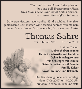 Traueranzeige von Thomas Sahre von Mitteldeutsche Zeitung Halle/Saalkreis