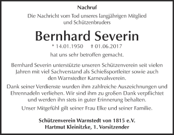 Traueranzeige von Bernhard Severin von Super Sonntag Quedlinburg