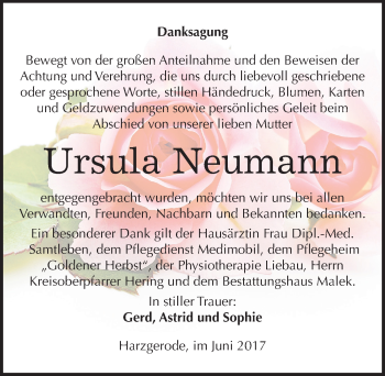 Traueranzeige von Ursula Neumann von Mitteldeutsche Zeitung Quedlinburg