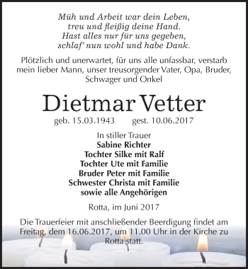 Traueranzeige von Dietmar Vetter von Mitteldeutsche Zeitung