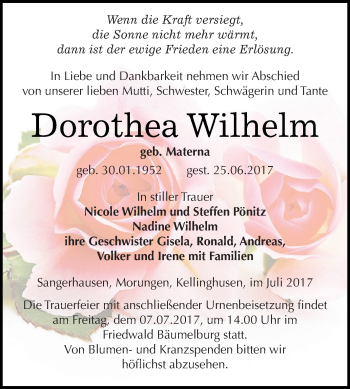 Traueranzeige von Dorothea Wilhelm von Super Sonntag SGH Mansf. Land