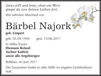Traueranzeige von Bärbel Najork von Mitteldeutsche Zeitung Bitterfeld
