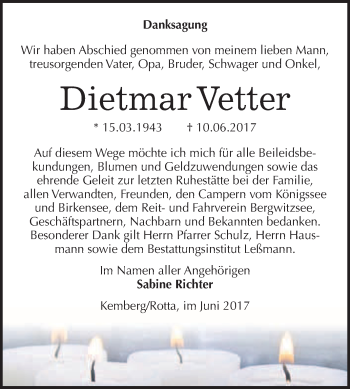 Traueranzeige von Dietmar Vetter von WVG - Wochenspiegel Bitterfeld