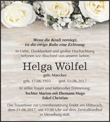 Traueranzeige von Helga Wölfel von WVG - Wochenspiegel Merseburg