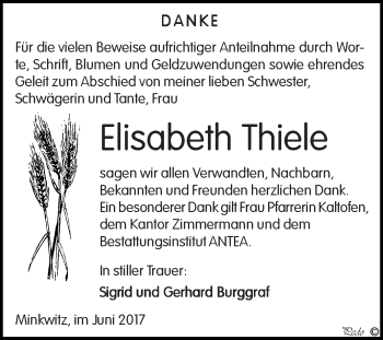 Traueranzeige von Elisabeth Thiele von Super Sonntag Zeitz