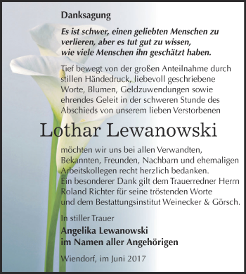 Traueranzeige von Lothar Lewanowski von Super Sonntag Bernburg
