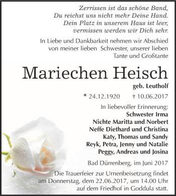 Traueranzeige von Mariechen Heisch von Super Sonntag Merseburg