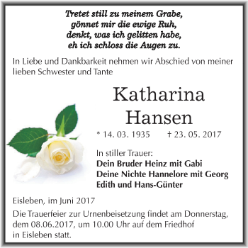 Traueranzeige von Katharina  Hansen von Super Sonntag SGH Mansf. Land