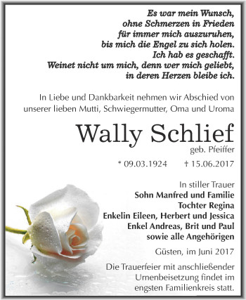 Traueranzeige von Wally Schlief von Super Sonntag Bernburg
