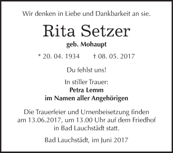 Traueranzeige von Rita Setzer von WVG - Wochenspiegel Merseburg