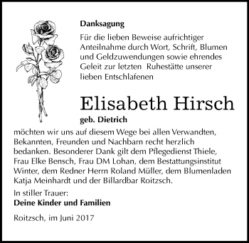 Traueranzeige von Elisabeth Hirsch von Mitteldeutsche Zeitung Bitterfeld