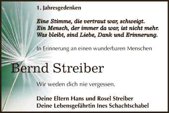 Traueranzeige von Bernd Streiber von WVG - Wochenspiegel Dessau / Köthen