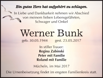 Traueranzeige von Werner Bunk von Mitteldeutsche Zeitung Merseburg/Querfurt