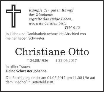 Traueranzeige von Christiane Otto von WVG - Wochenspiegel Bitterfeld