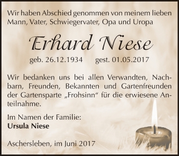Traueranzeige von Erhard Niese von Mitteldeutsche Zeitung Aschersleben