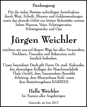 Traueranzeige von Jürgen Weichler von WVG - Wochenspiegel Quedlinburg