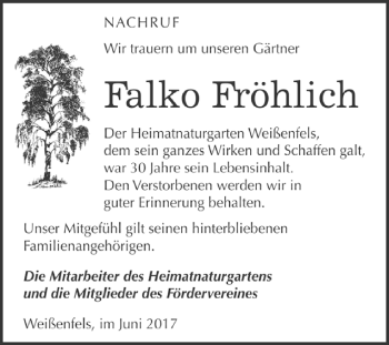 Traueranzeige von Falko Fröhlich von WVG - Wochenspiegel NMB / WSF / ZTZ