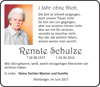 Traueranzeige von Renate Schulze von Mitteldeutsche Zeitung Wittenberg
