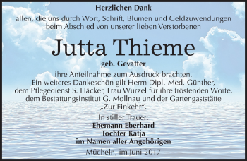 Traueranzeige von Jutta Thieme von Mitteldeutsche Zeitung Merseburg/Querfurt