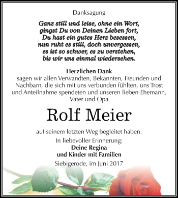 Traueranzeige von Rolf Meier von Super Sonntag SGH Mansf. Land