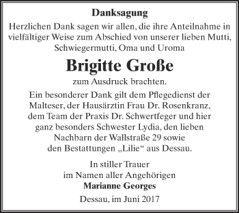 Traueranzeige von Brigitte Große von WVG - Wochenspiegel Dessau / Köthen