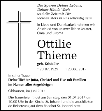 Traueranzeige von Ottilie Thieme von Mitteldeutsche Zeitung Merseburg/Querfurt