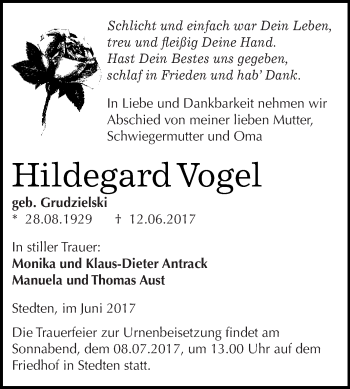 Traueranzeige von Hildegard Vogel von Wochenspiegel Mansfelder Land