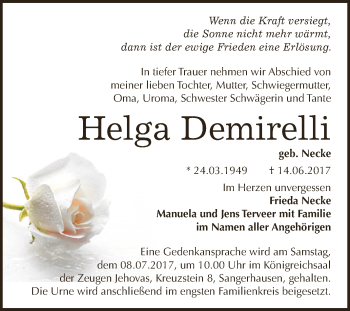 Traueranzeige von Helga Demirelli von Super Sonntag SGH Mansf. Land