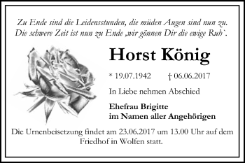 Traueranzeige von Horst König von WVG - Wochenspiegel Bitterfeld