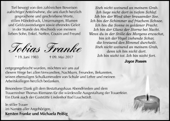 Traueranzeige von Tobias Franke von Mitteldeutsche Zeitung Merseburg/Querfurt