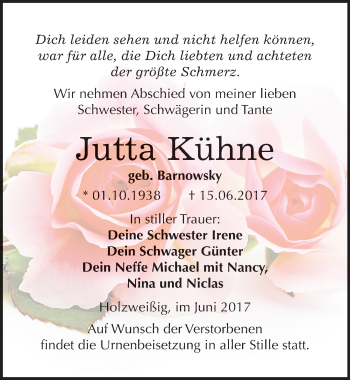 Traueranzeige von Jutta Kühne von Mitteldeutsche Zeitung Bitterfeld