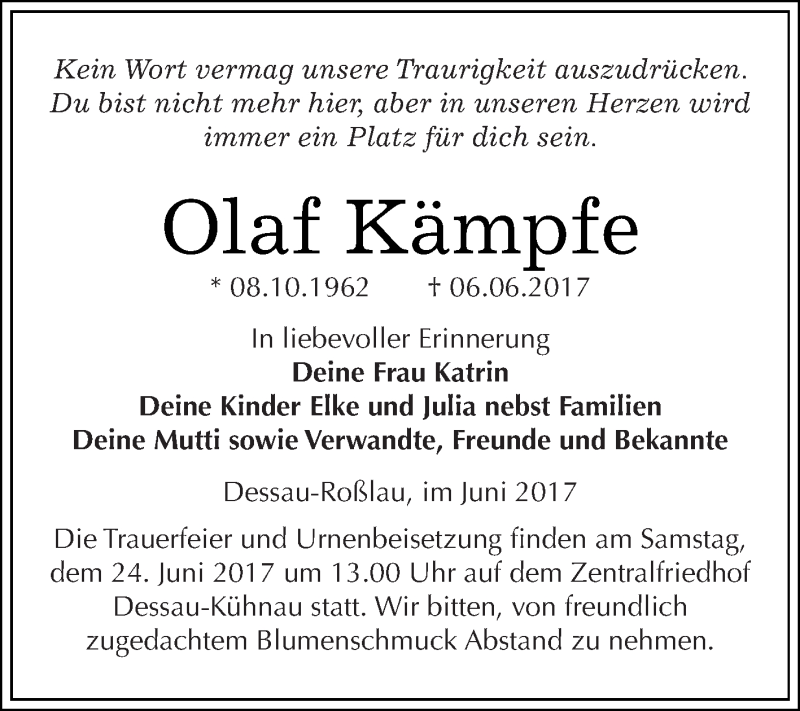  Traueranzeige für Olaf Kämpfe vom 17.06.2017 aus WVG - Wochenspiegel Bitterfeld