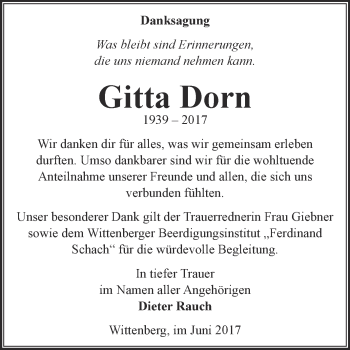 Traueranzeige von Gitta Dorn von WVG - Wochenspiegel Wittenberg