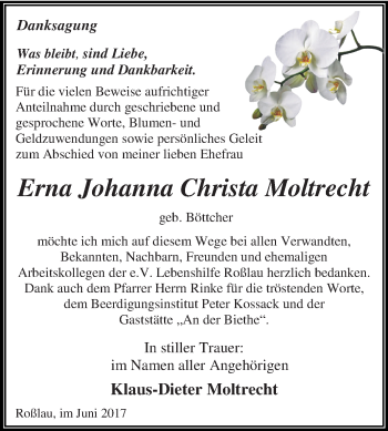 Traueranzeige von Erna Johanna Christa Moltrecht von WVG - Wochenspiegel Dessau / Köthen