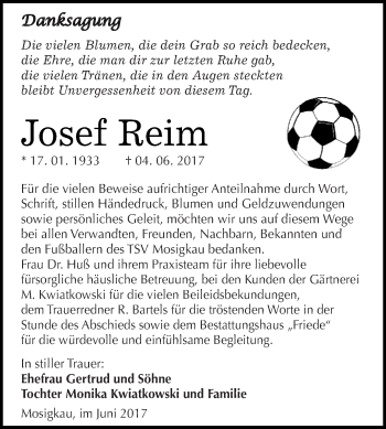 Traueranzeige von Josef Reim von WVG - Wochenspiegel Dessau / Köthen