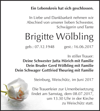 Traueranzeige von Brigitte Wölbling von WVG - Wochenspiegel NMB / WSF / ZTZ