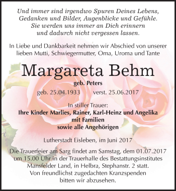 Traueranzeige von Margareta Behm von Mitteldeutsche Zeitung Mansfelder Land