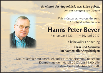 Traueranzeige von Hanns Peter Beyer von Mitteldeutsche Zeitung Halle/Saalkreis