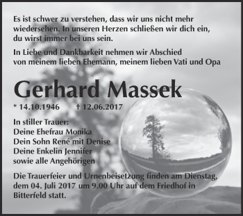 Traueranzeige von Gerhard Massek von WVG - Wochenspiegel Bitterfeld