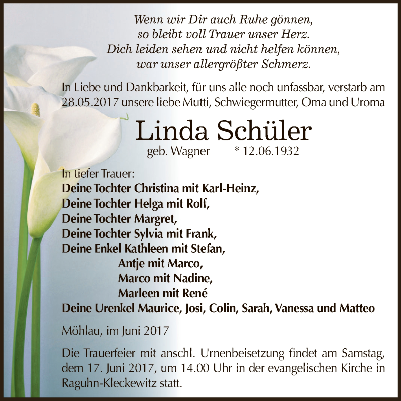  Traueranzeige für Linda Schüler vom 07.06.2017 aus WVG - Wochenspiegel Dessau / Köthen