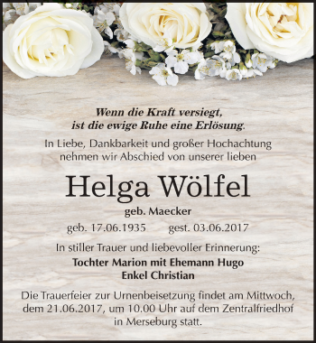 Traueranzeige von Helga Wölfel von Mitteldeutsche Zeitung Merseburg/Querfurt