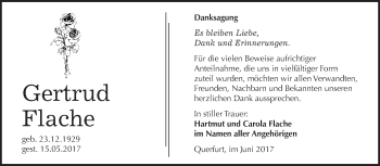 Traueranzeige von Gertrud Flache von WVG - Wochenspiegel Merseburg