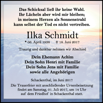 Traueranzeige von Ilka Schmidt von WVG - Wochenspiegel Quedlinburg