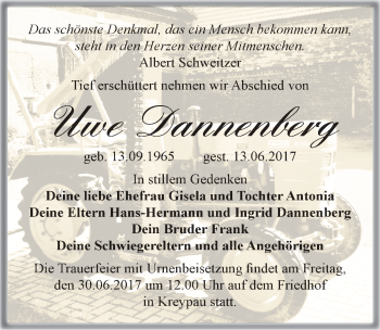 Traueranzeige von Uwe Dannenberg von Mitteldeutsche Zeitung Merseburg/Querfurt