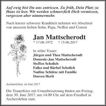Traueranzeige von Jan Mattscherodt von Super Sonntag Aschersleben