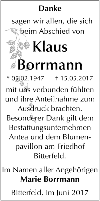 Traueranzeige von Klaus Borrmann von Mitteldeutsche Zeitung Bitterfeld